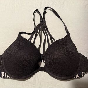 PINK Victoria's Secret Black Racer Back Push Up Lace Bra Size 36C